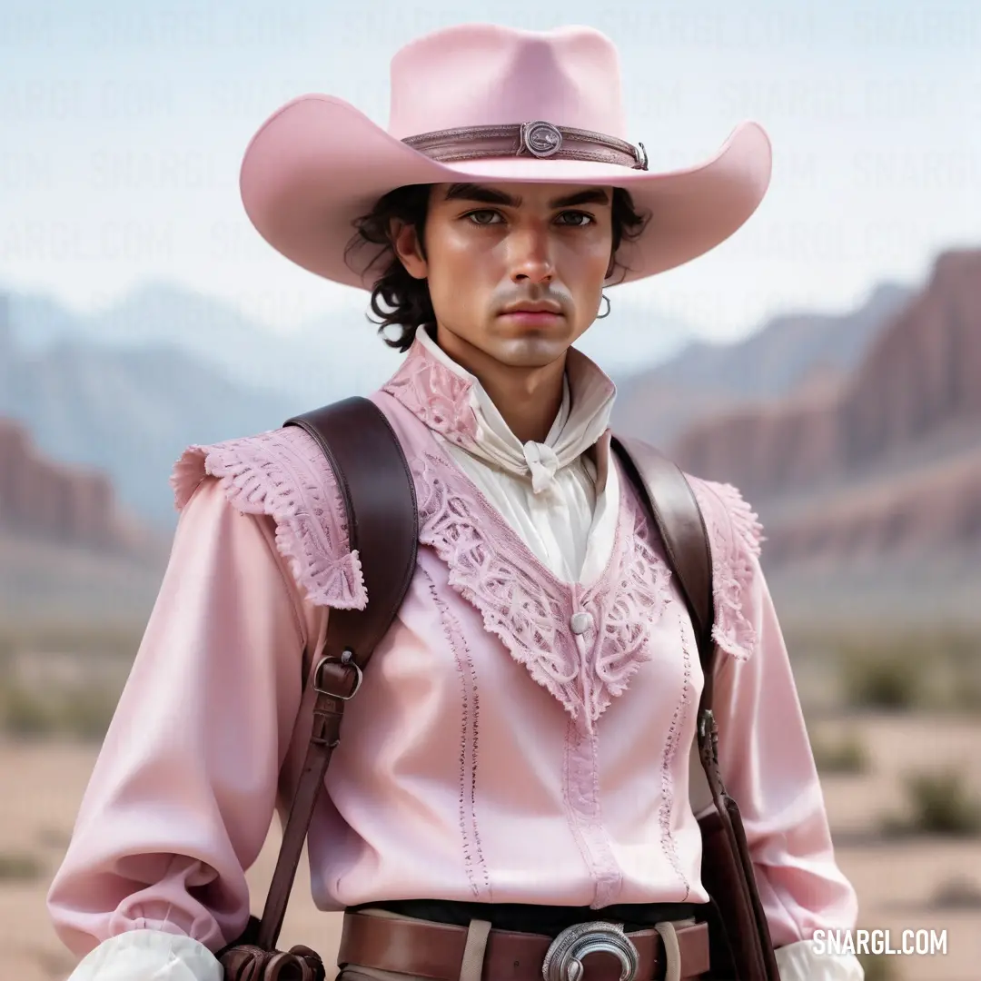 Man in a pink shirt and cowboy hat with a gun in his hand and a pink hat on his head. Example of CMYK 2,26,7,2 color.