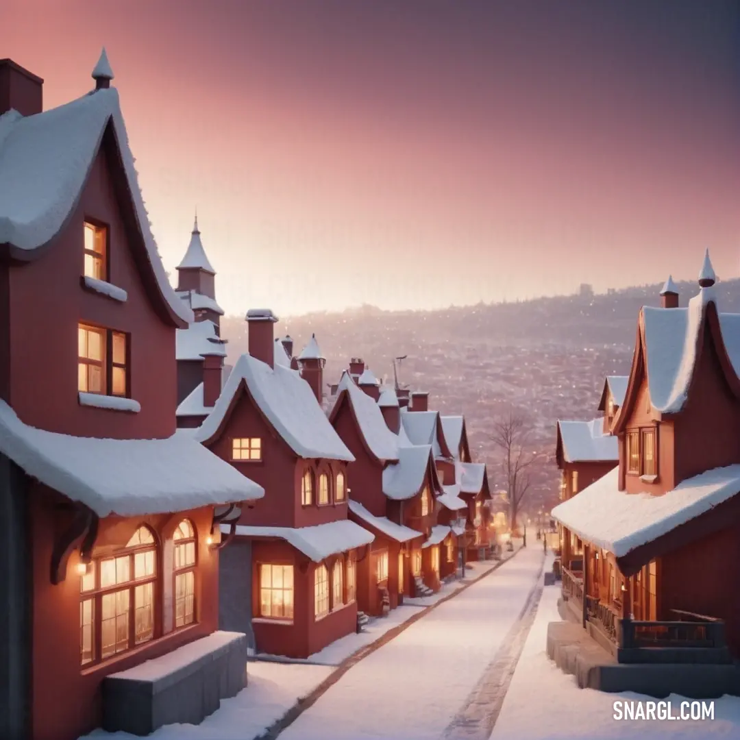 Snowy street with a row of houses on the side of it and a mountain in the background. Example of PANTONE 692 color.