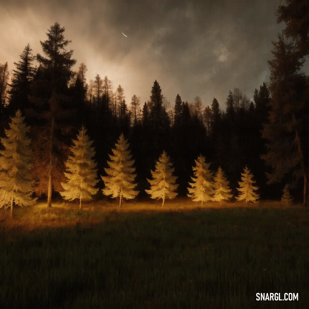 A tranquil field stretches under a cloudy sky, with tall trees dotting the landscape. The soft, muted tones of the scene are complemented by the subtle PANTONE 693 color, evoking a peaceful, serene atmosphere.