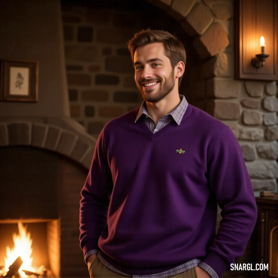 A man in a purple sweater stands in front of a cozy fireplace, smiling as he gazes at the camera. His relaxed pose and the warm, inviting tones of PANTONE 693 create a welcoming, homey atmosphere.