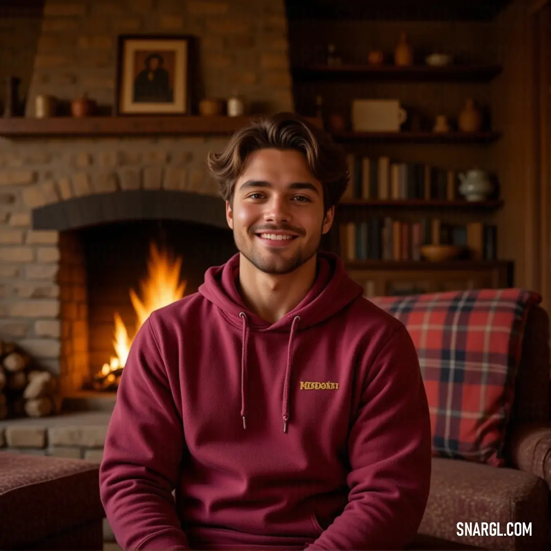 A warm and inviting image of a joyful man relaxing in front of a cozy fireplace, wearing a friendly smile as he sits comfortably with arms crossed over his knees, radiating a sense of home and tranquility.