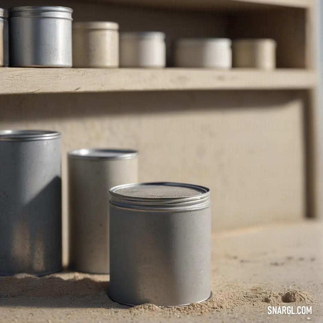 A shelf filled with jars and a can on its side, with a can of something in the center, displaying a soft and gentle color that brings a sense of order and calm to the space.