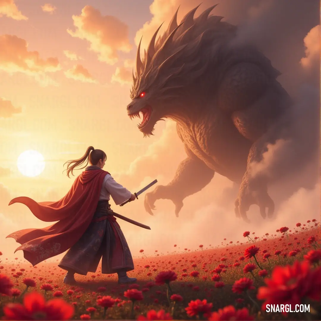 A heroic woman clad in a vibrant red cape stands majestically alongside a fierce dragon in a blooming meadow, showcasing a daring sword poised for adventure, evoking a sense of fantasy and bravery.