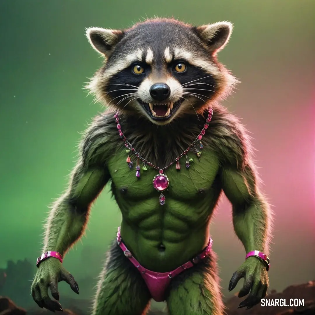 A stylish raccoon dressed in an enchanting costume adorned with a distinctive necklace and a gleaming ring, radiating charm against a soft backdrop that highlights the elegant tones of color #D8A7B4.