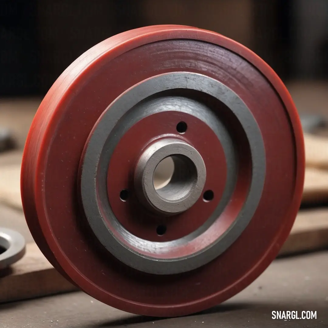 A striking red wheel rests on a table, accompanied by a tool beside it, and a piece of wood in the background. The bright red color contrasts beautifully with the natural wooden texture, creating a dynamic yet rustic atmosphere.