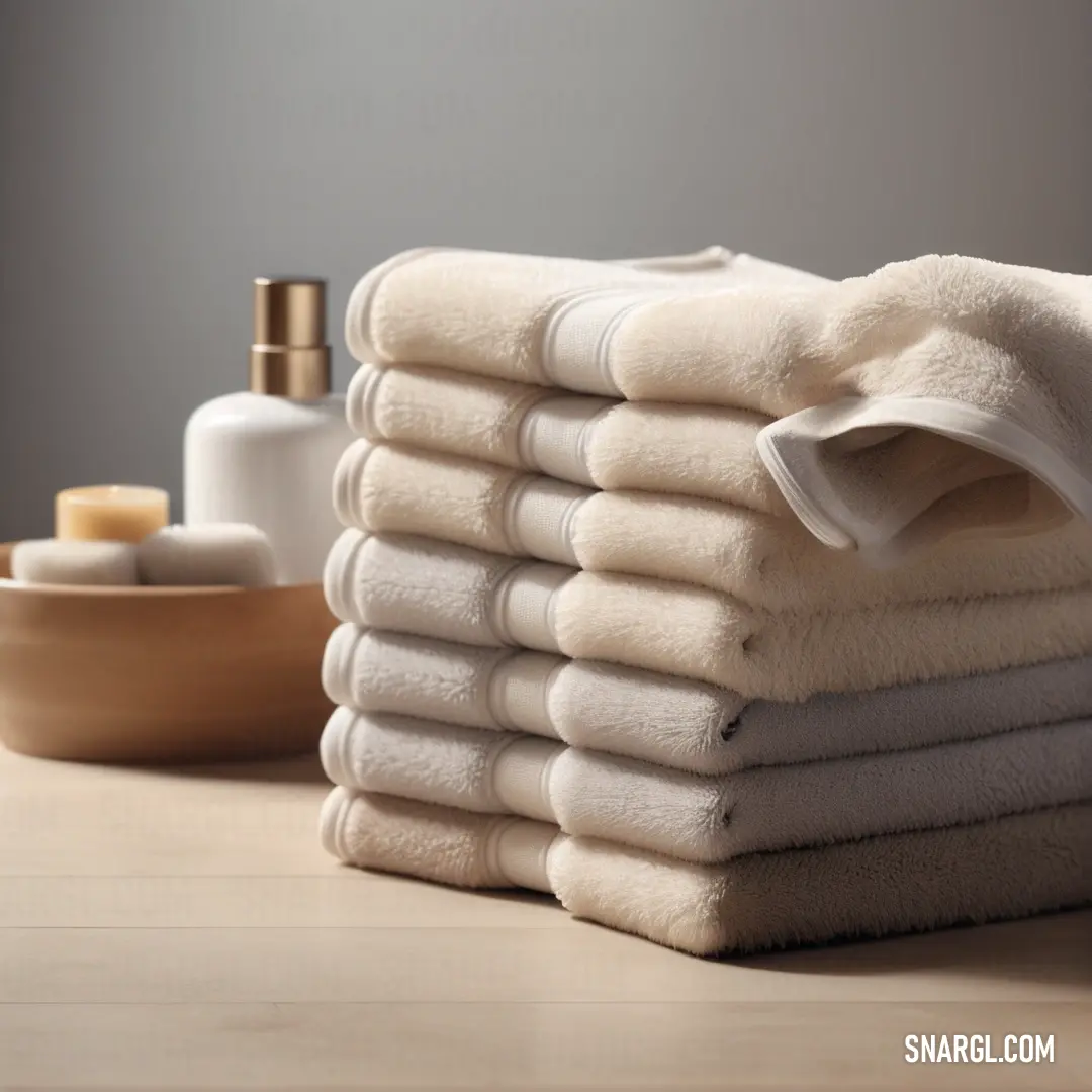 A stack of towels rests on a wooden table next to a bottle of lotion and a bowl of soap, offering a cozy and inviting ambiance perfect for a relaxing bath or spa experience.