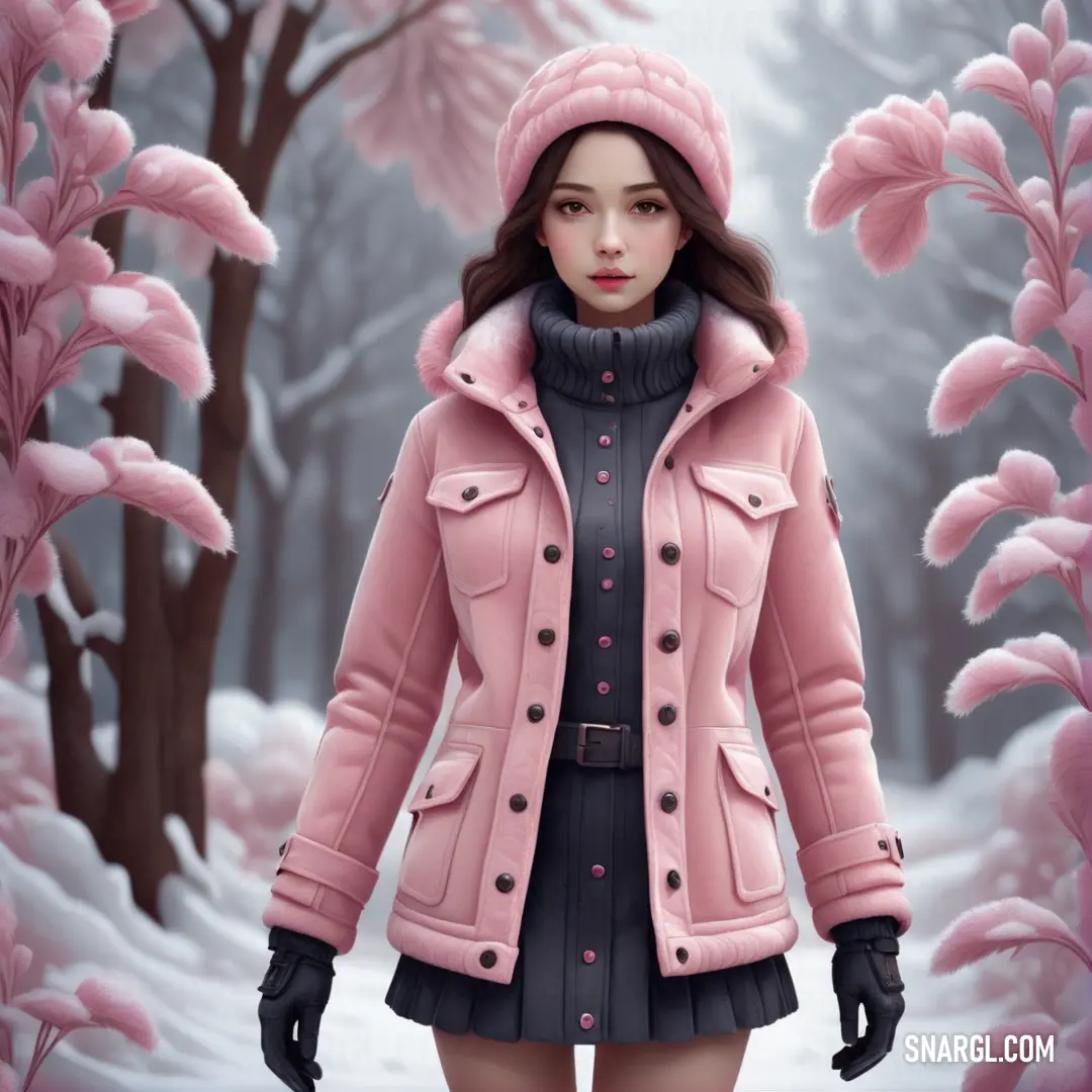 Woman in a pink coat and black dress standing in a snowy forest with pink flowers and trees in the background. Color RGB 216,167,180.