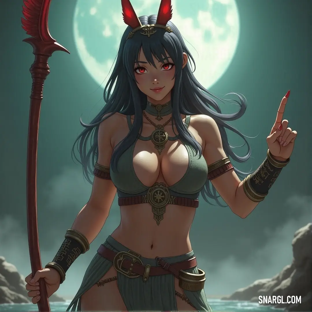 An enchanting woman adorned with ornate horns dons a striking devilish outfit, confidently wielding a staff and a gleaming knife, showcasing an aura of mystery and strength against a captivating backdrop.