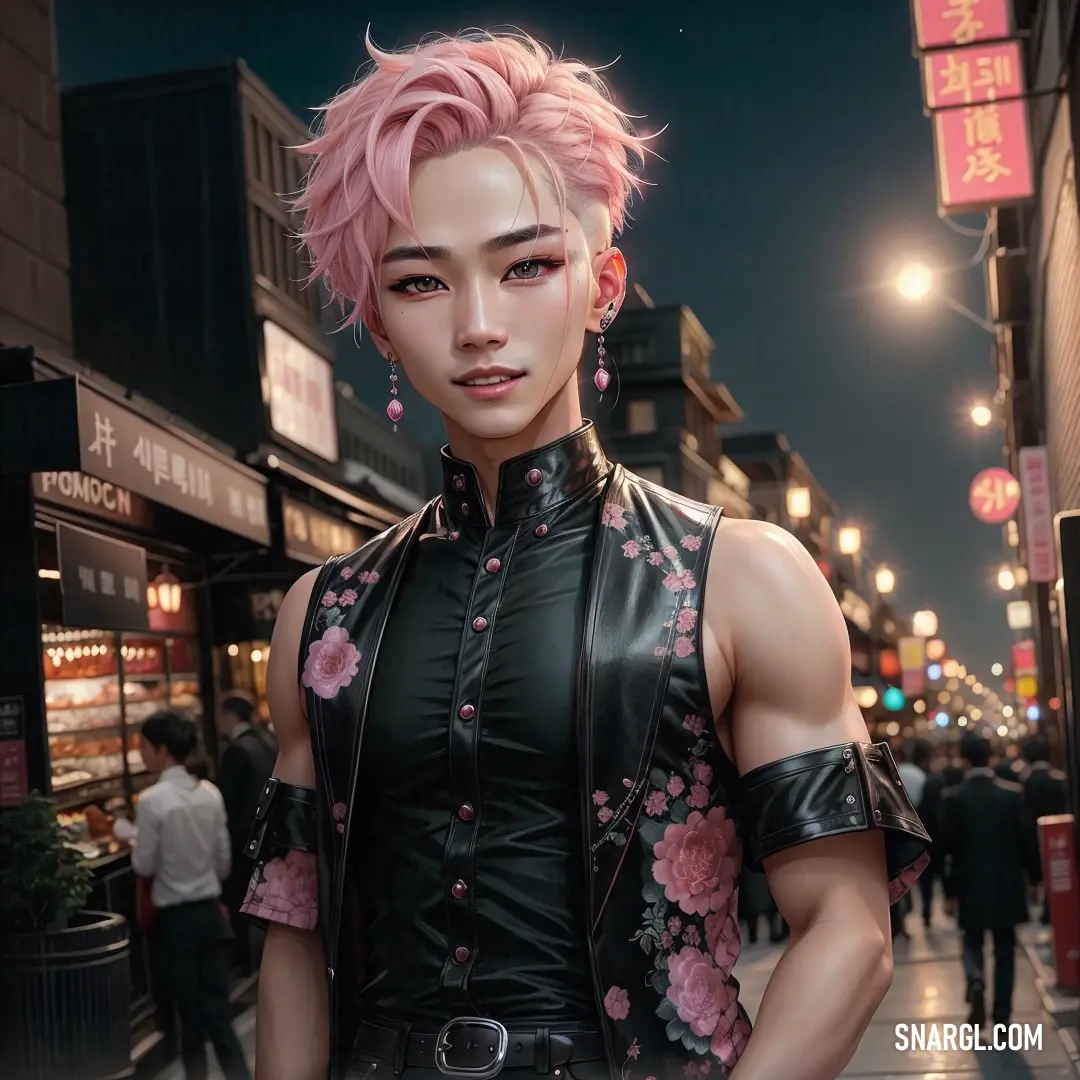 Woman with pink hair and a black top on a city street at night with people walking by and a street light. Color PANTONE 693.
