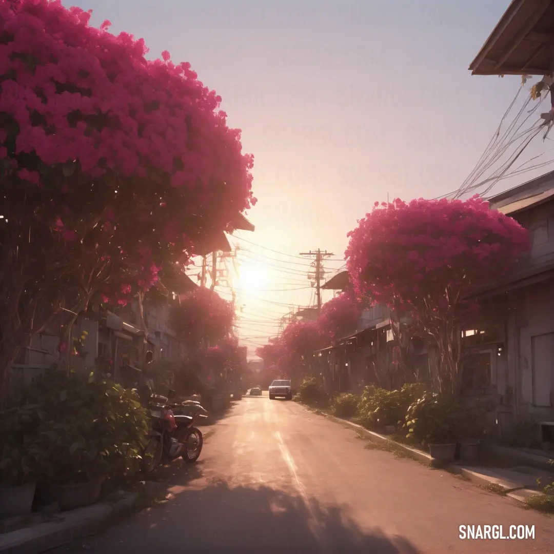 RGB 201,143,156 example: Street with a car parked on the side of it and a pink flowered tree in the middle