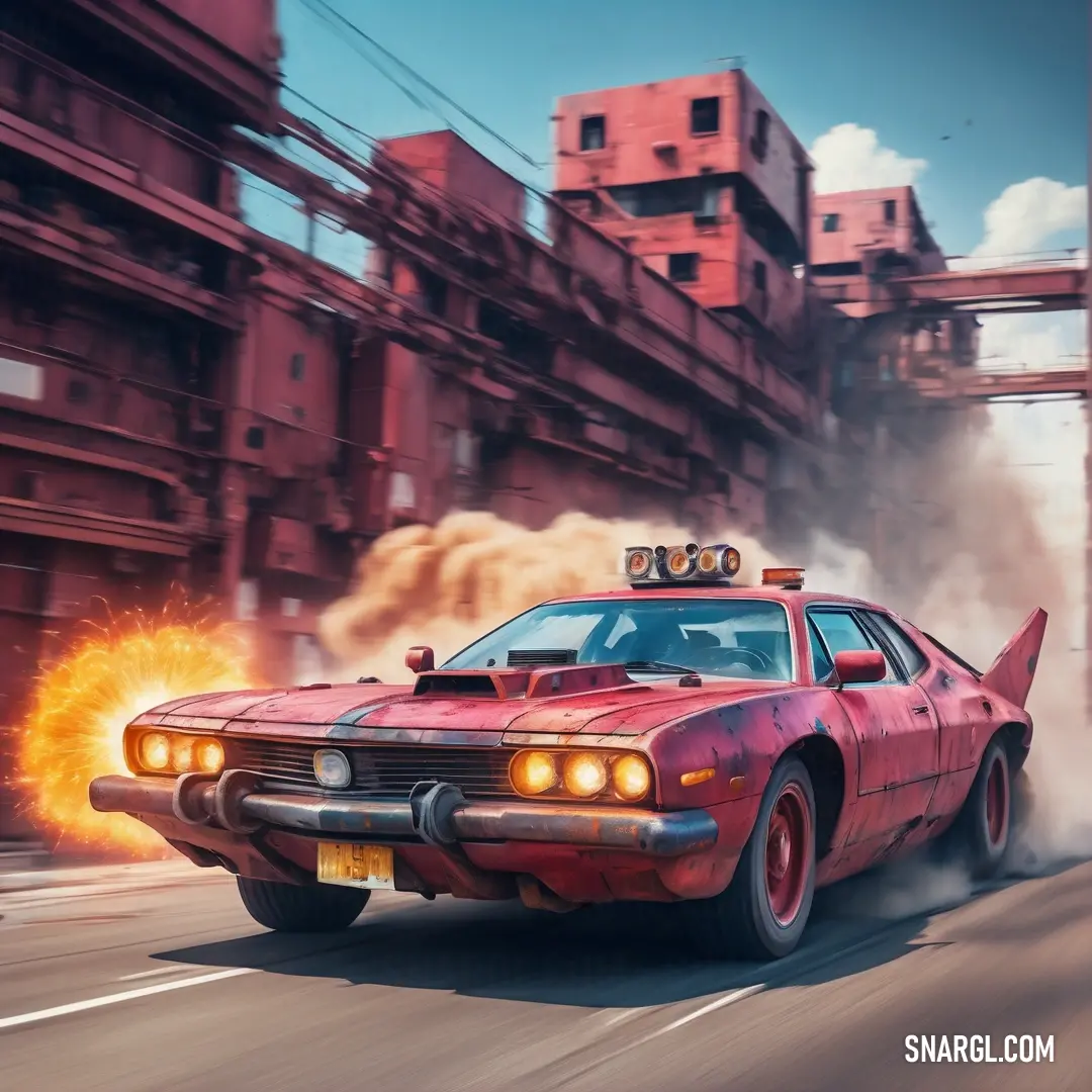 PANTONE 695 color. Car with a fireball on the hood driving down a street with buildings in the background