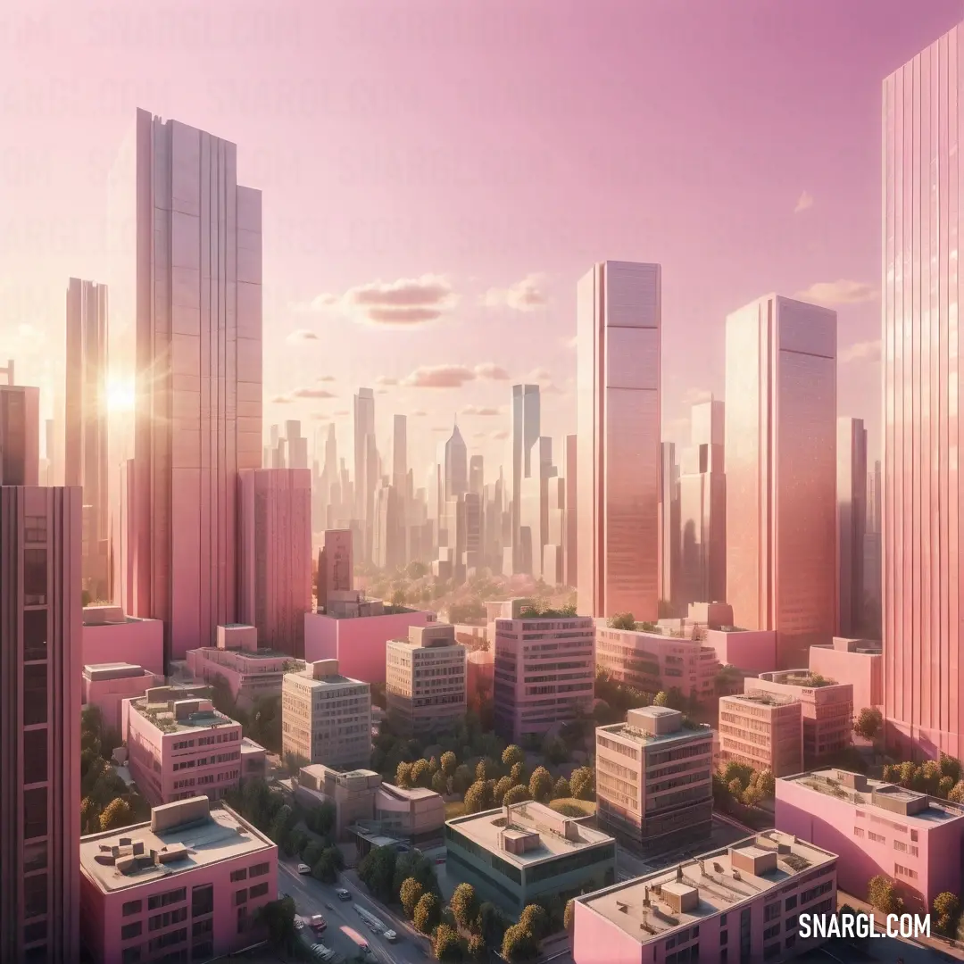 City with tall buildings and a pink sky in the background. Example of PANTONE 695 color.