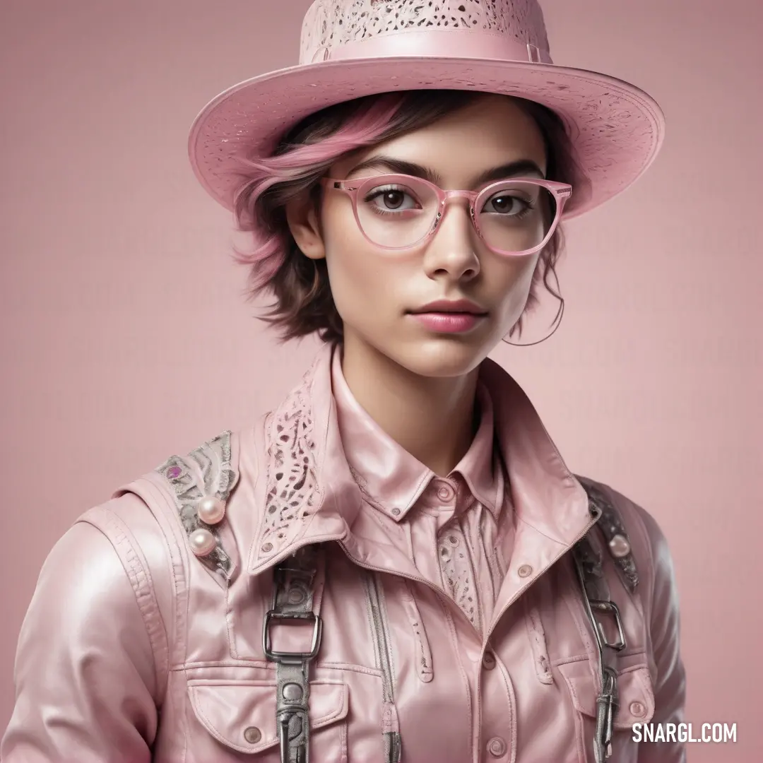 Woman wearing a pink hat and glasses with a pink background. Color #B77783.