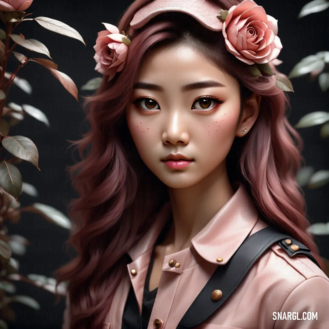 PANTONE 695 color example: Woman with long hair and a flower in her hair is wearing a pink shirt and a black leather shoulder bag