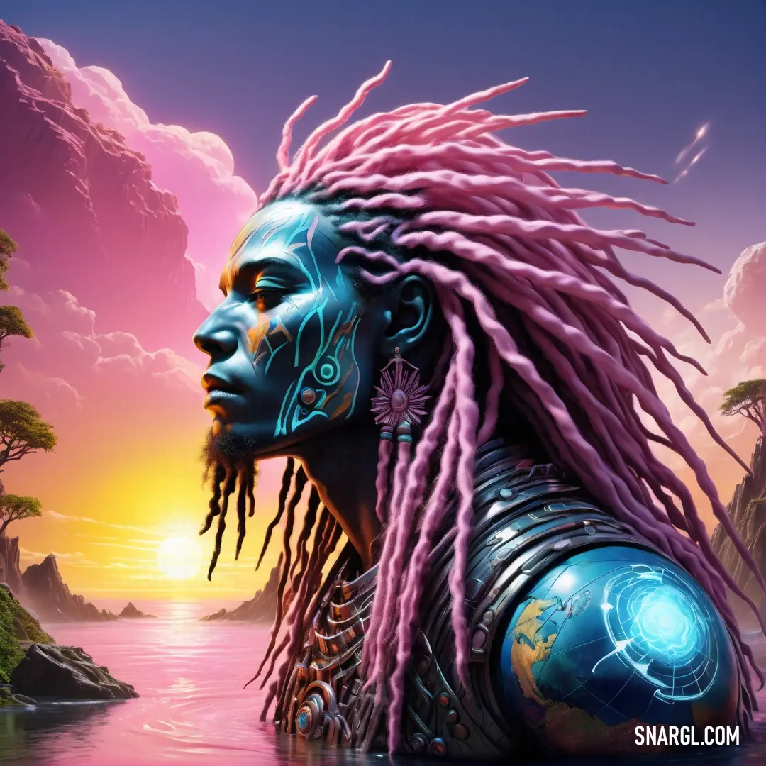 Painting of a woman with dreads and a blue face with a pink hair and a blue body of water. Example of RGB 150,75,87 color.