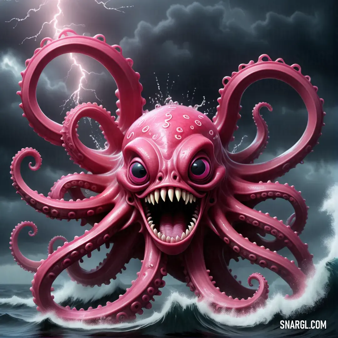 PANTONE 696 color. Pink octopus with a lightning bolt in the background and a dark sky with clouds