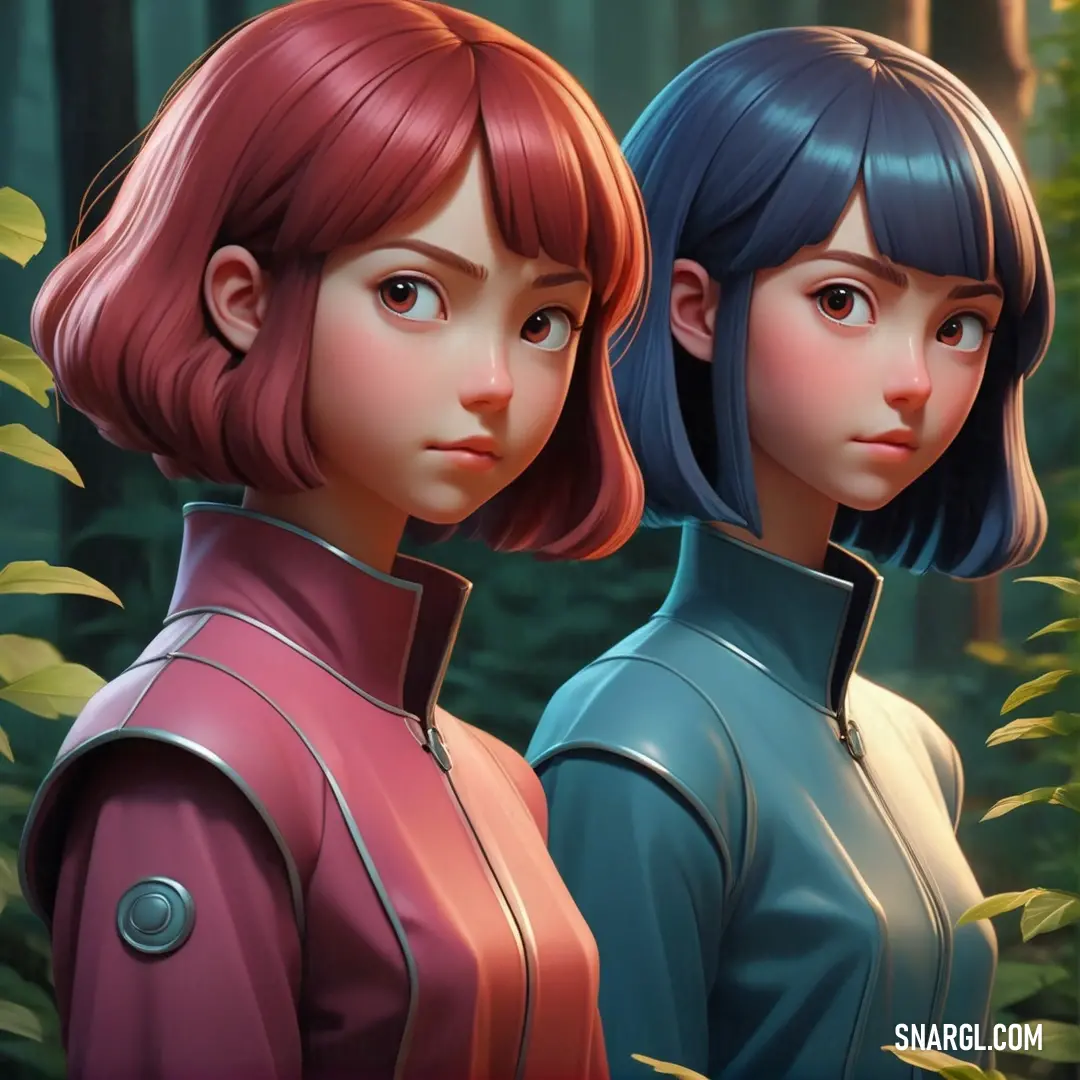 Two young women standing next to each other in a forest with trees and bushes behind them. Example of PANTONE 696 color.