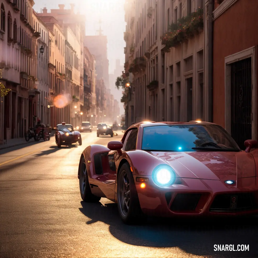 Red sports car driving down a street next to tall buildings and a traffic light on a city street. Example of RGB 140,67,76 color.