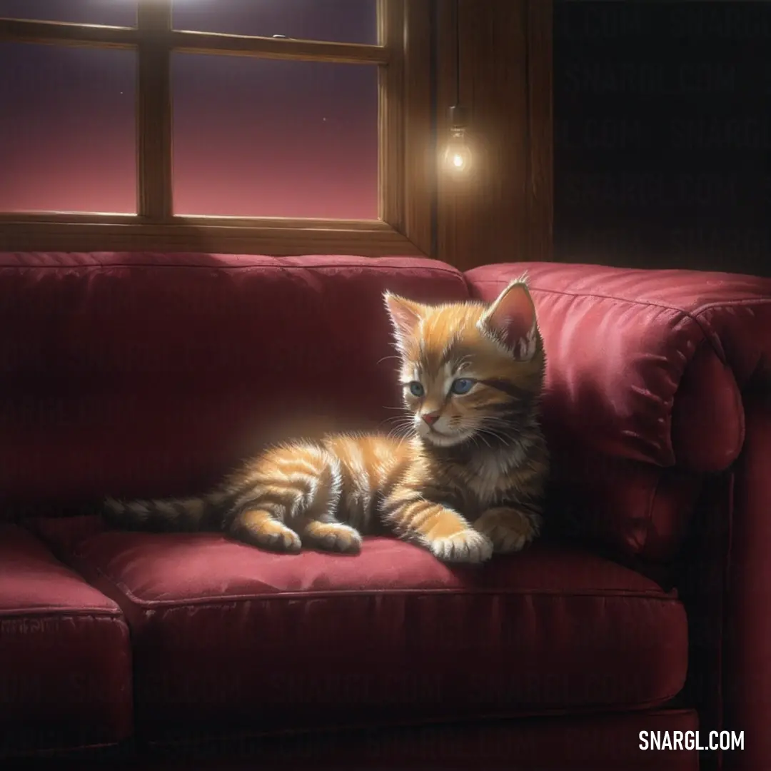 PANTONE 697 color example: Small kitten on a red couch in front of a window with a light shining on it's head