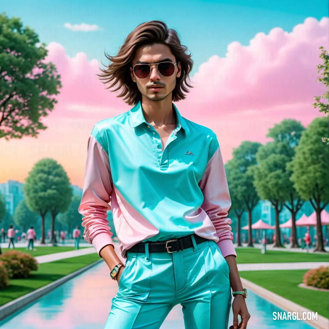Man in a blue shirt and blue pants standing in front of a painting of a park with trees. Color PANTONE 698.