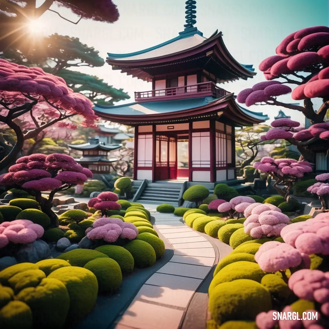 Pagoda surrounded by flowers and trees in a park with a path leading to it and a path leading to it. Example of CMYK 0,40,8,0 color.