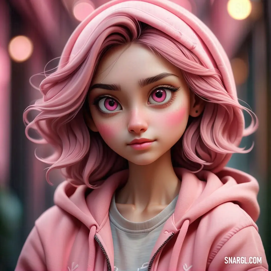 Digital painting of a girl with pink hair and pink eyes and a pink hoodie jacket on. Color #E591A6.