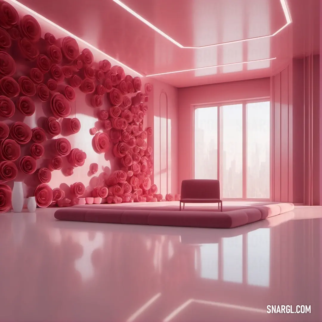 Room with a large wall of roses and a chair in the middle of the room with a large window. Example of RGB 229,145,166 color.