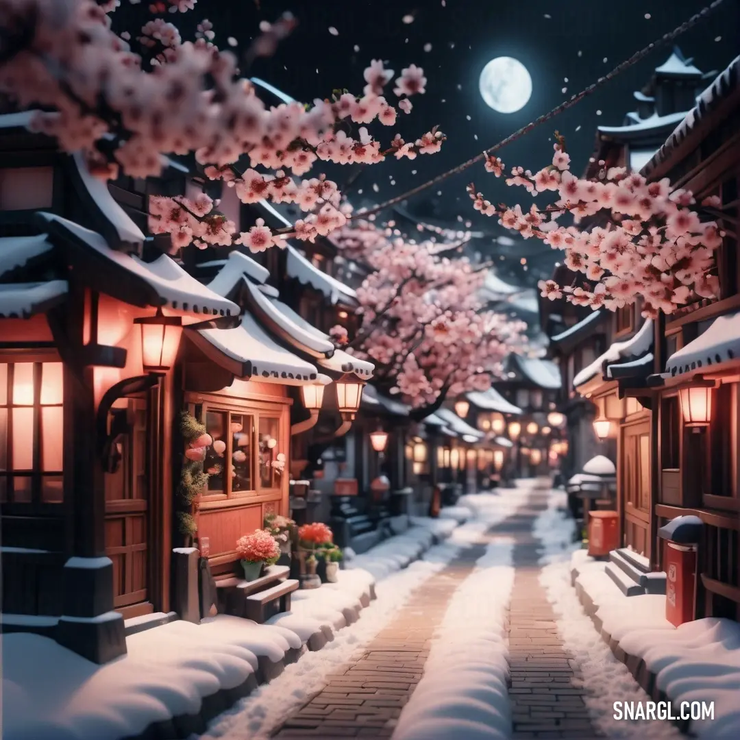 Snowy street with a full moon in the background. Color RGB 229,145,166.