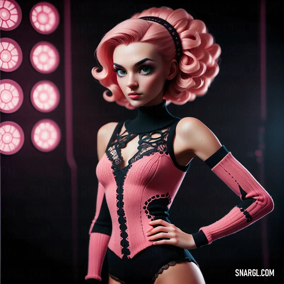 Woman in a pink and black outfit with pink hair and a black bra top and black gloves and a pink light. Color #E591A6.