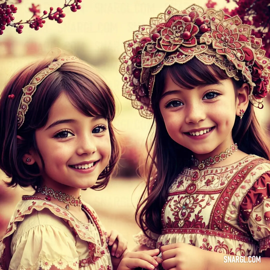 Two young girls dressed in traditional russian clothing smiling for the camera with a tree in the background with red flowers