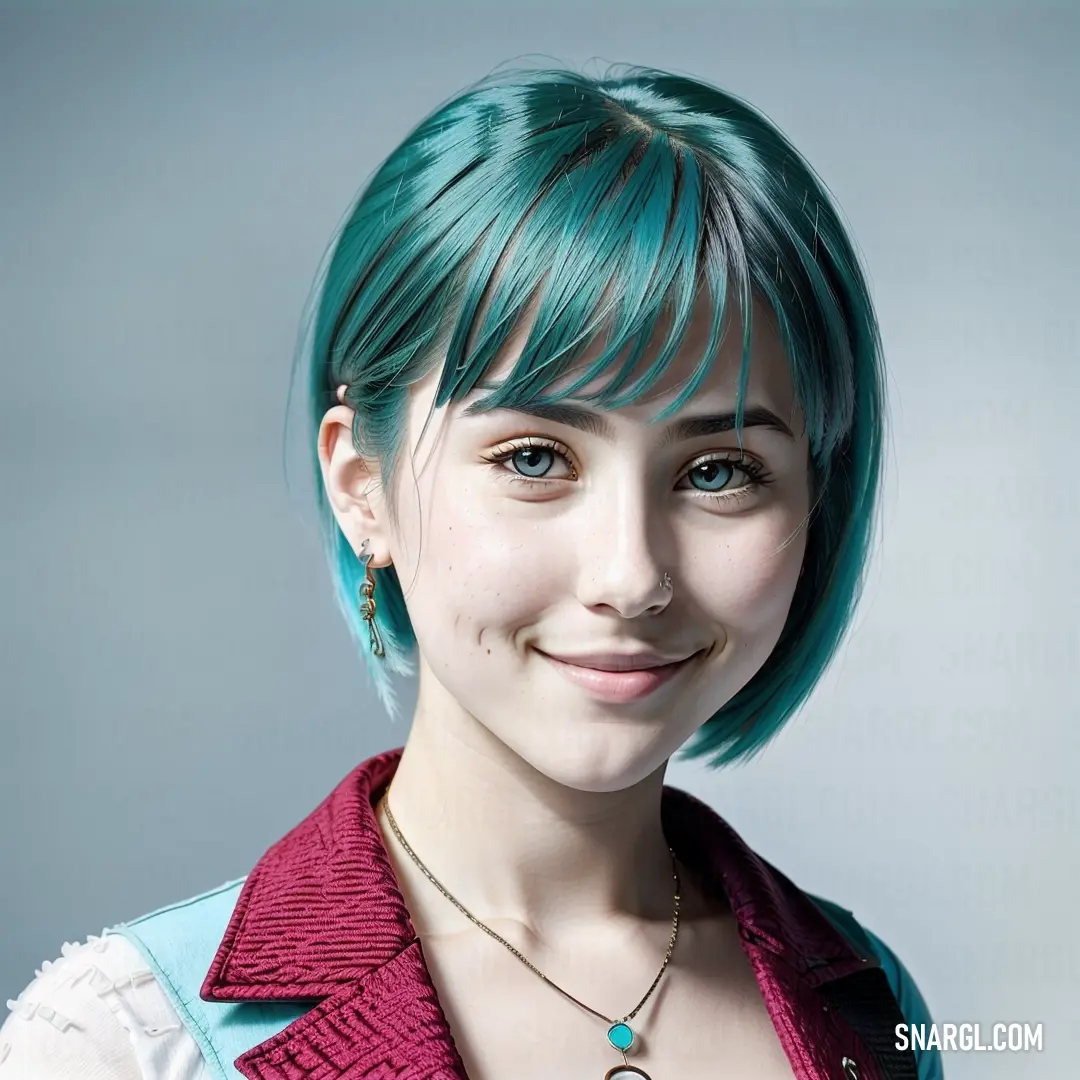 PANTONE 704 color. Woman with blue hair and a necklace on her neck smiling at the camera with a smile on her face