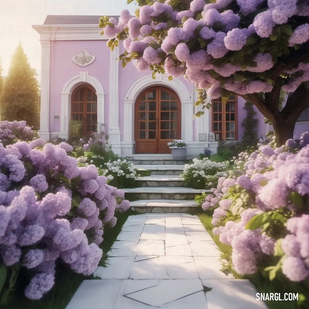 House with a lot of flowers in front of it. Color PANTONE 705.