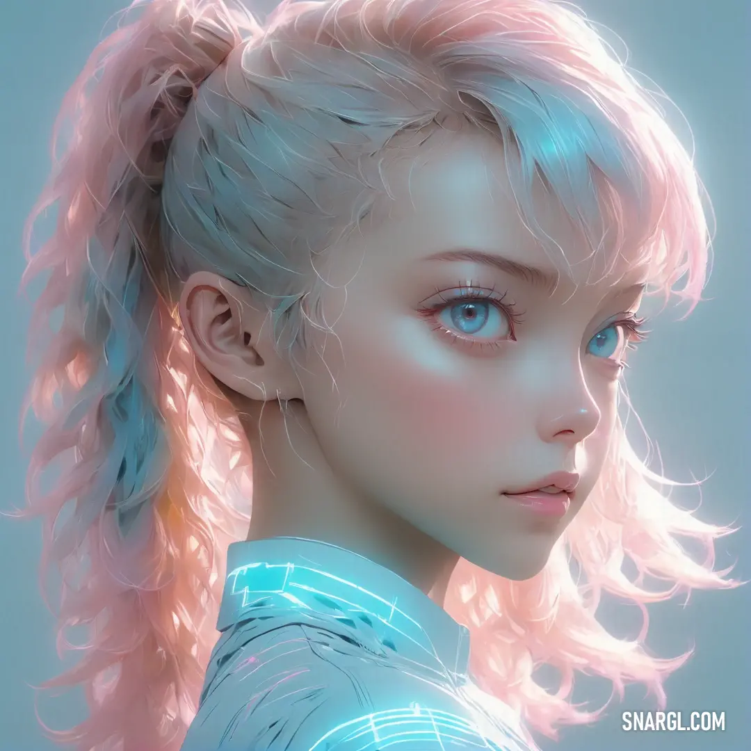 Digital painting of a woman with pink hair and blue eyes and a ponytail with pink highlights on her head. Color CMYK 0,23,7,0.