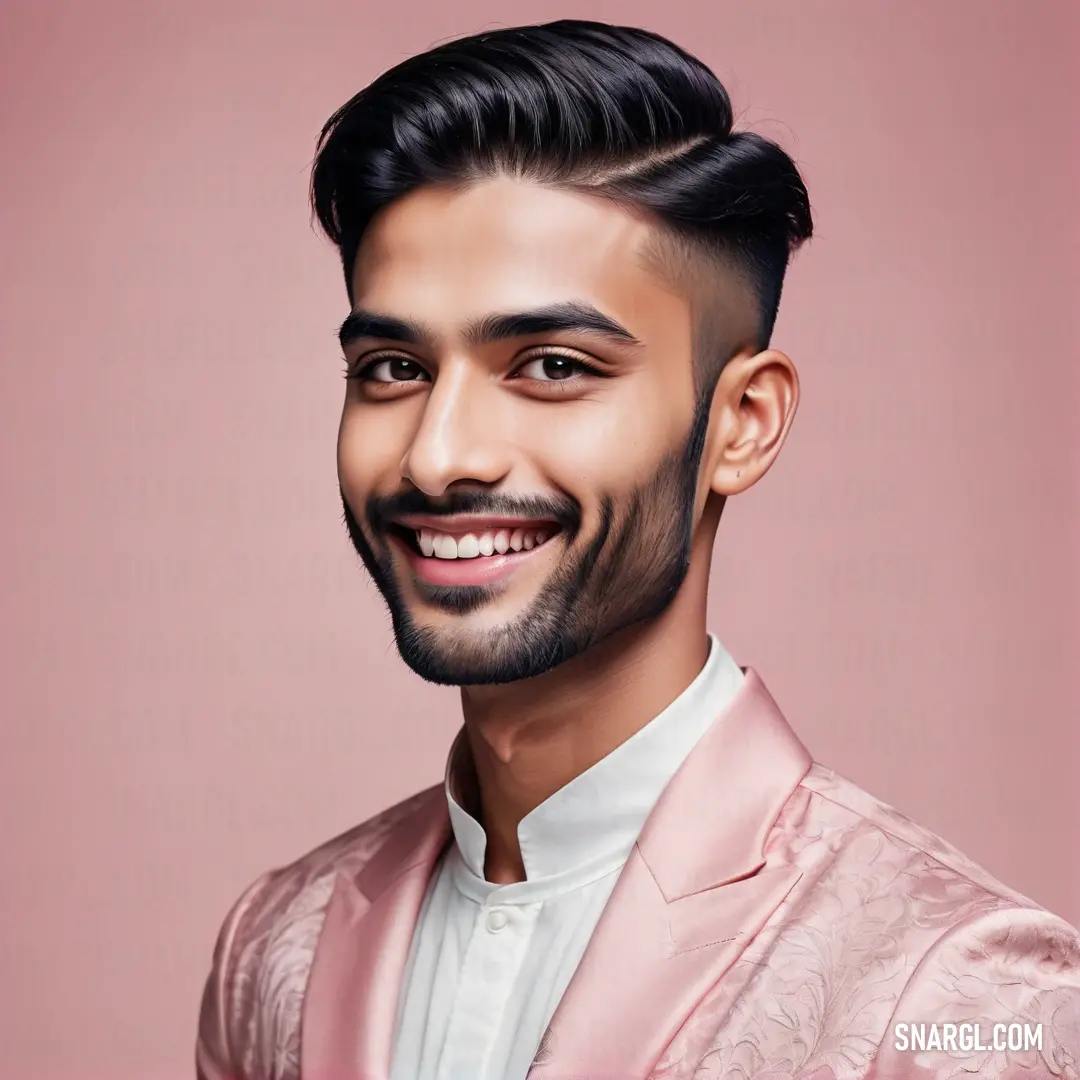 Man with a beard and a pink suit smiling at the camera with a pink background. Color #F0CCD0.