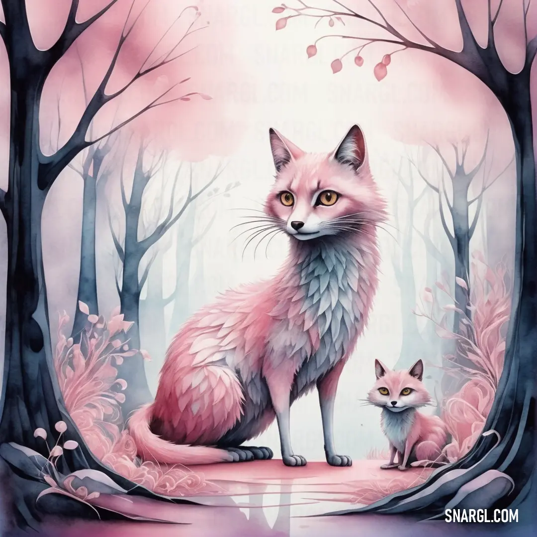 PANTONE 706 color. Painting of a fox and her cub in a forest with pink flowers and trees