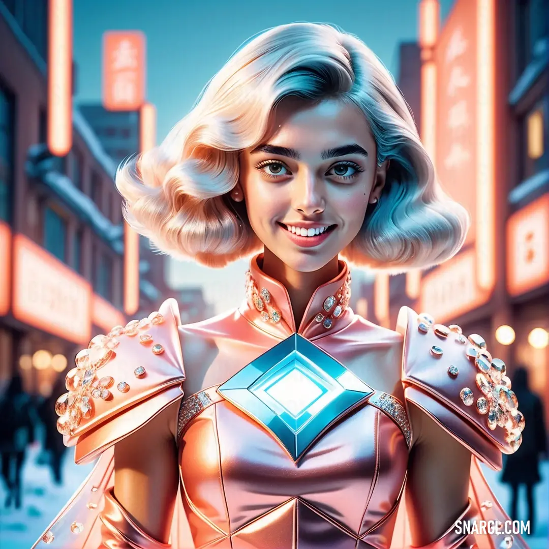 Woman in a futuristic outfit standing in the street with a diamond in her hand and a city in the background. Example of PANTONE 706 color.
