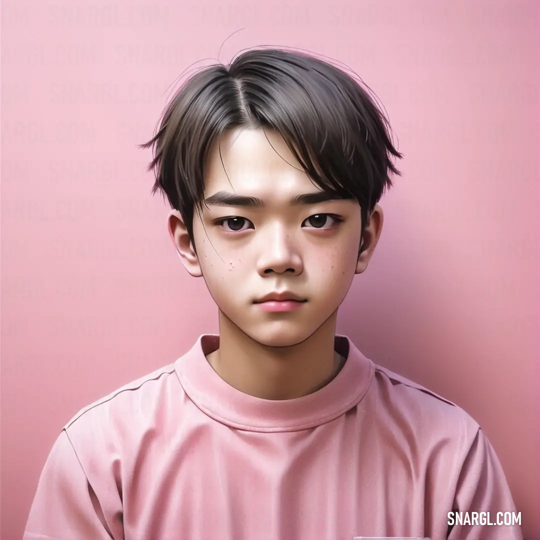 Young man with a pink shirt on a pink background. Color PANTONE 706.