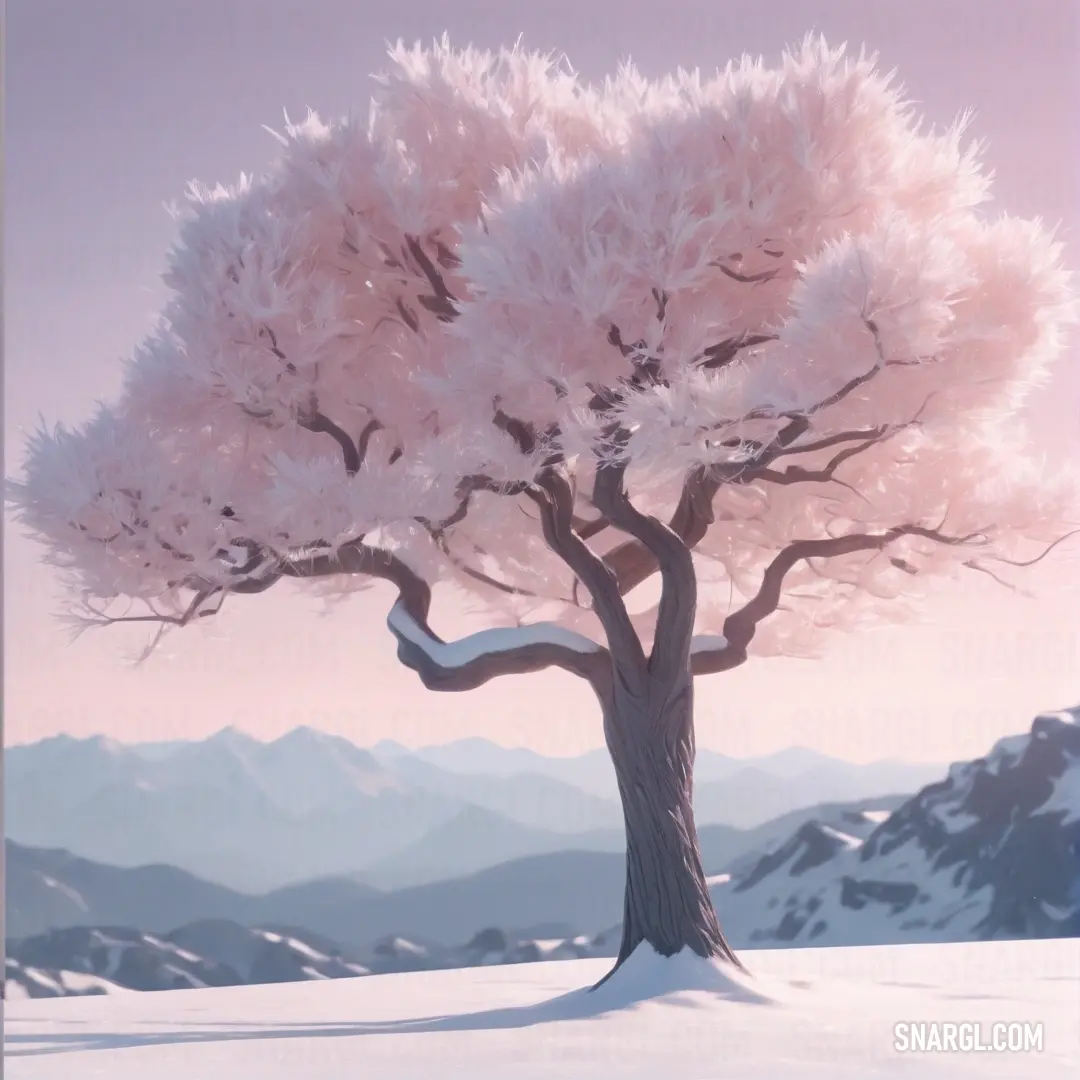 Tree with pink flowers in the snow with mountains in the background. Color PANTONE 707.