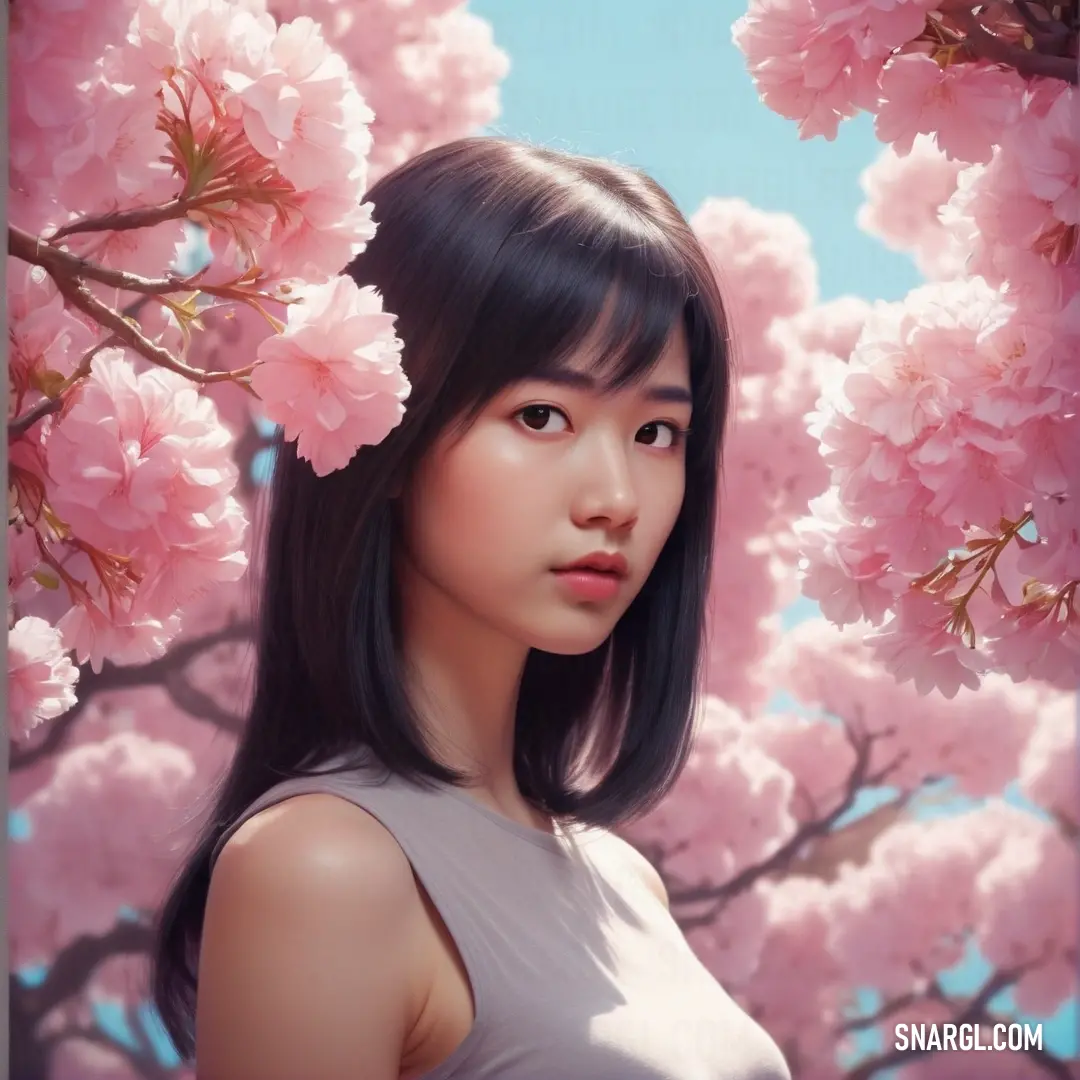 PANTONE 707 color. Woman with long black hair standing in front of pink flowers and trees with pink flowers on it's branches