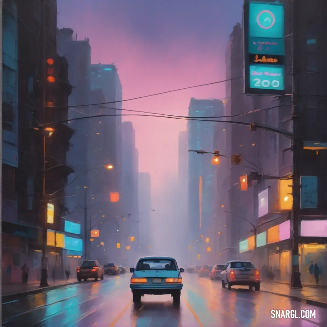 Painting of a city street with cars driving down it at night time with a purple sky and buildings. Example of CMYK 0,53,17,0 color.