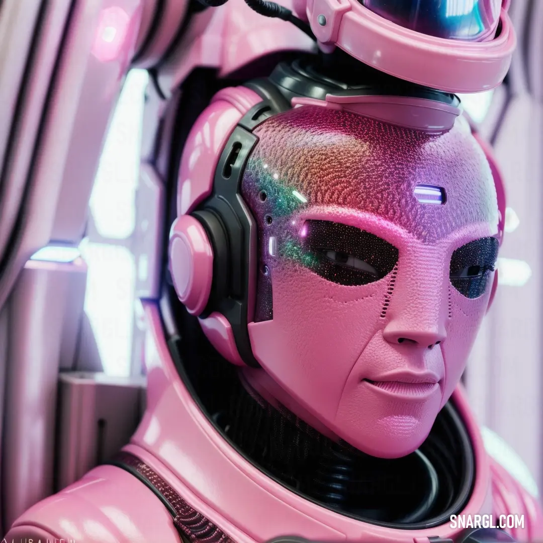 Pink robot with headphones and a helmet on it's face and a window behind it with a light shining in the window