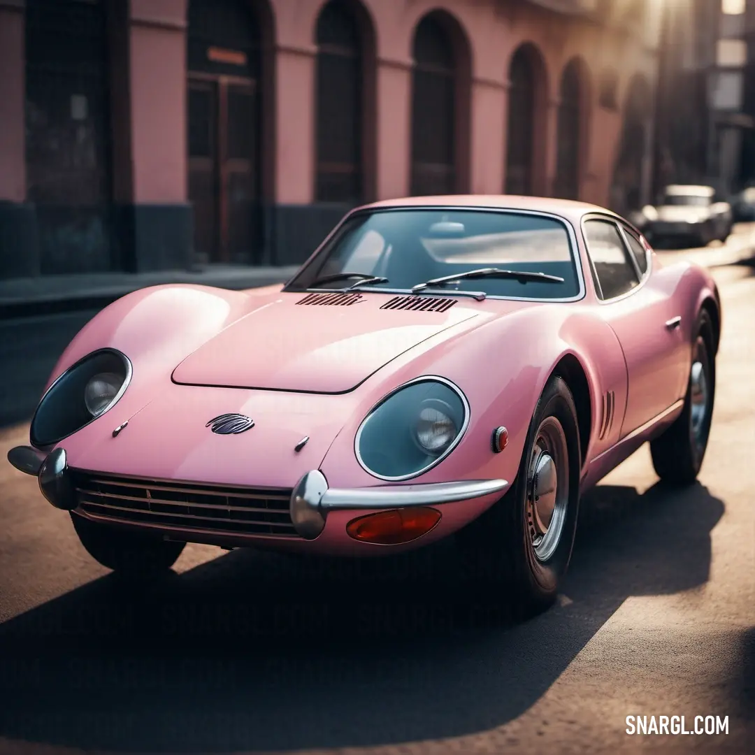 Pink sports car is parked on the street in front of a building with a pink car in the background. Color PANTONE 708.