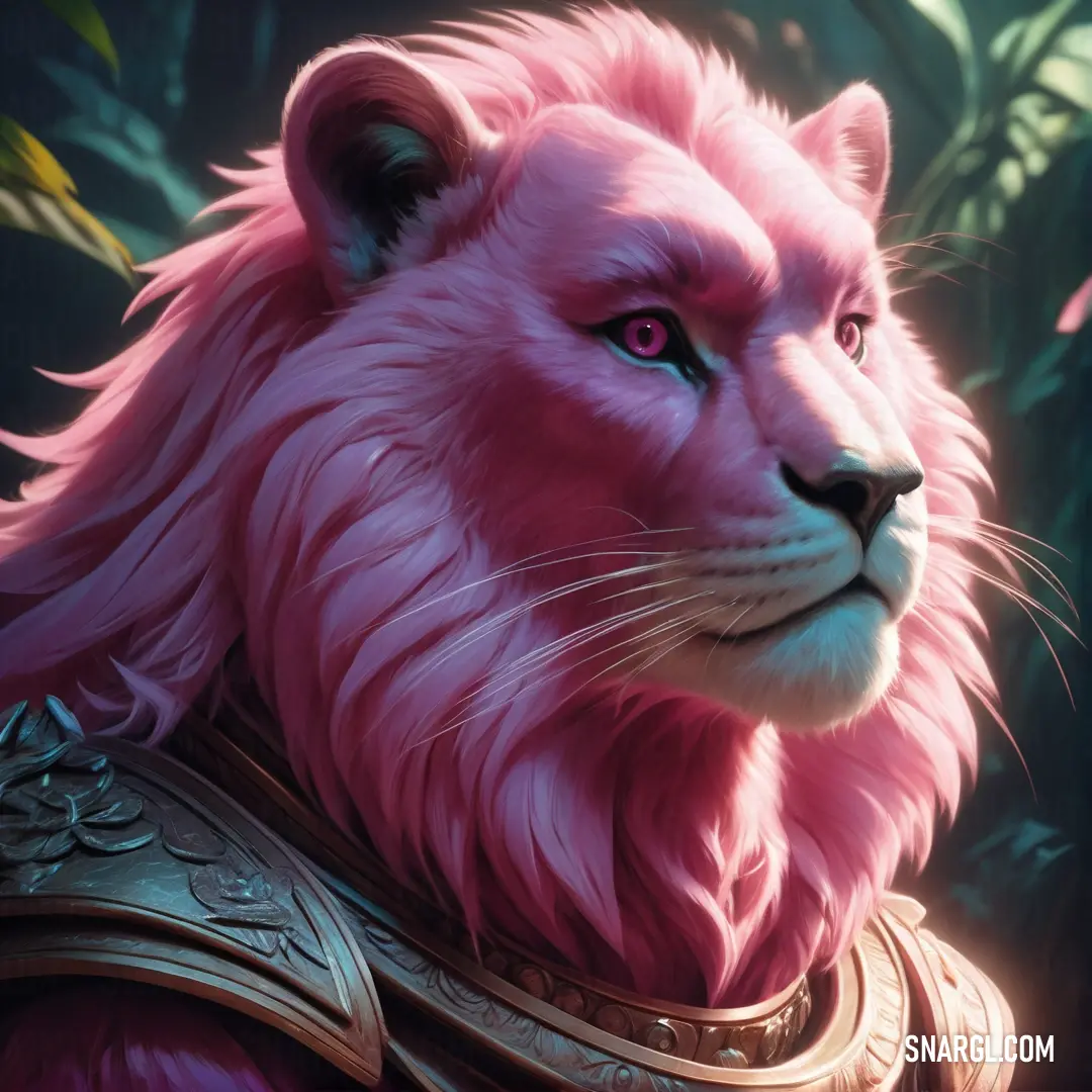 Close up of a pink lion with a helmet on it's head and a jungle background. Example of RGB 226,122,137 color.