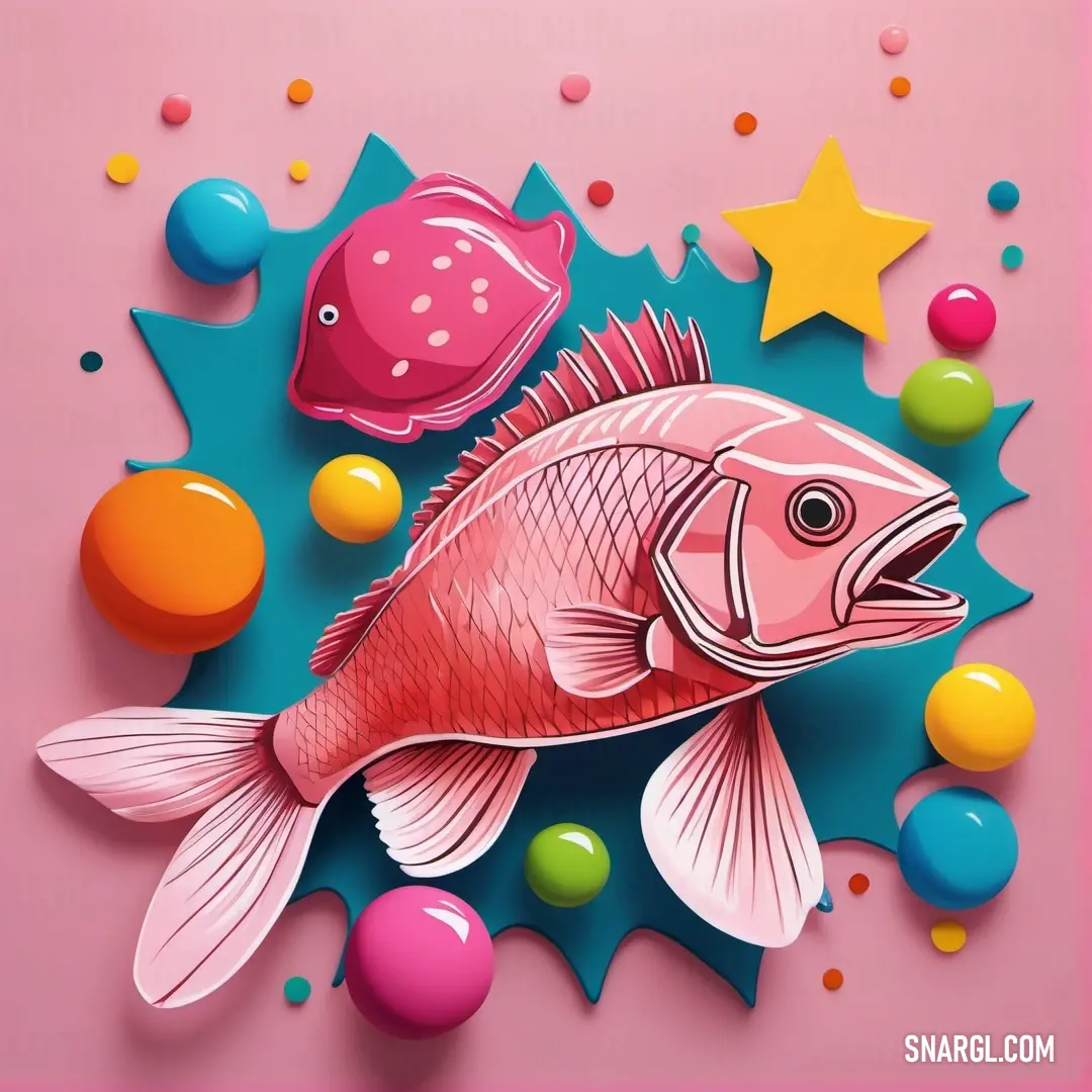 Fish and some balls on a pink background. Color PANTONE 709.