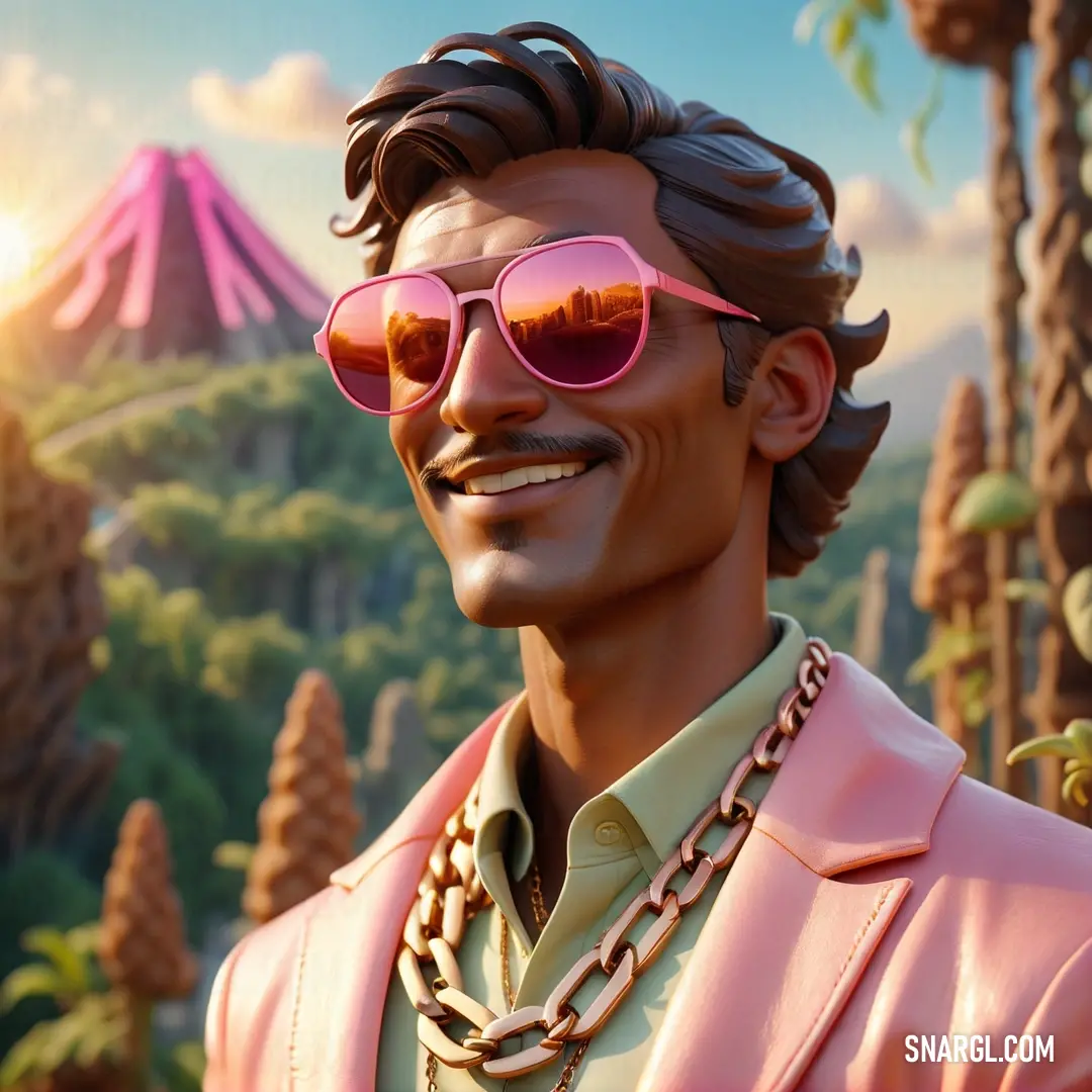 Man with a pink jacket and sunglasses on a sunny day in a pink suit and pink sunglasses. Example of RGB 226,122,137 color.
