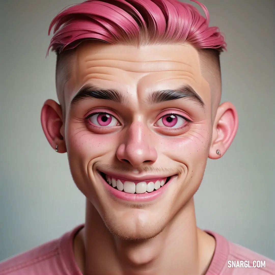 PANTONE 709 color example: Man with pink hair and a pink shirt smiling at the camera with a fake smile on his face