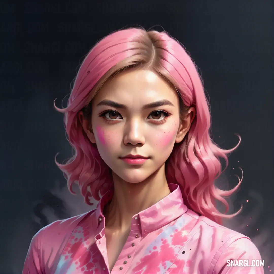 PANTONE 709 color. Painting of a woman with pink hair and a pink shirt on her shirt is looking at the camera