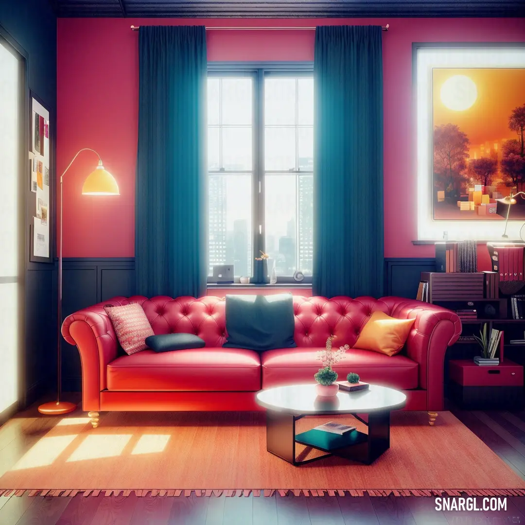 Living room with a red couch and a table in front of a window with curtains on it and a painting on the wall. Color CMYK 0,84,46,0.