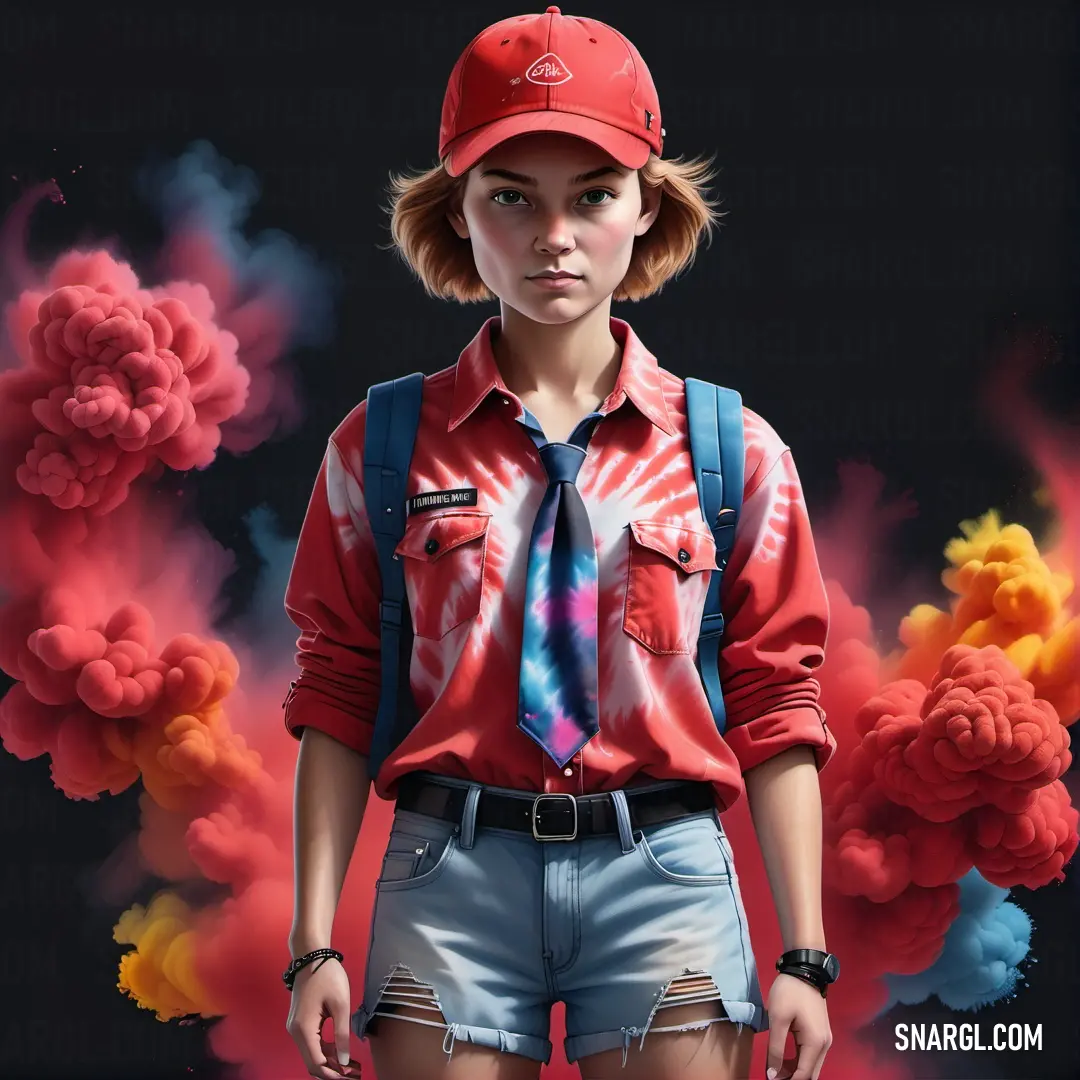 #DE5A6C color example: Woman in a red shirt and tie standing in front of a painting of smoke and clouds