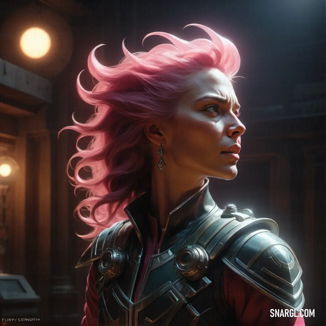 Woman with pink hair and armor in a dark room with lights on the ceiling and a light fixture. Example of PANTONE 710 color.
